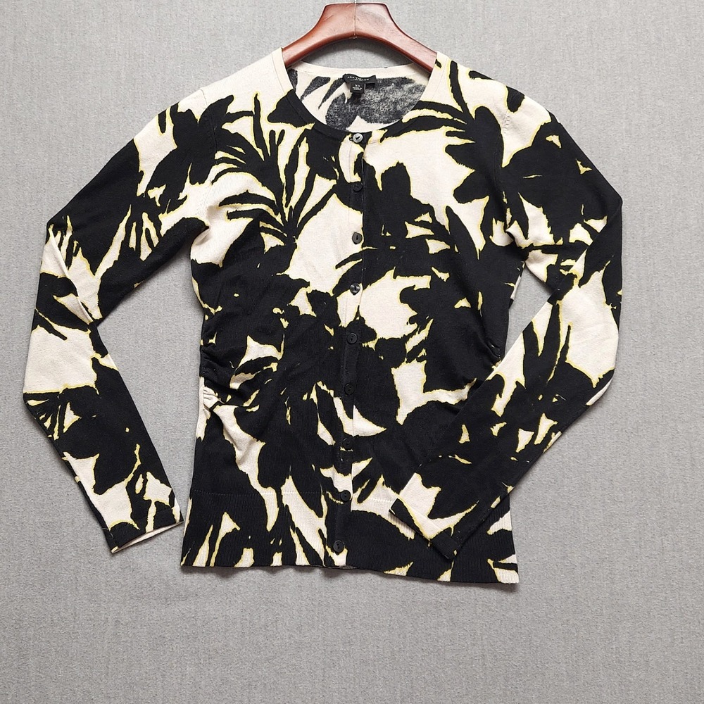 Ann Taylor Cardigan Womens XS Black Cream Silk Floral Knit Cinched Sides Chic